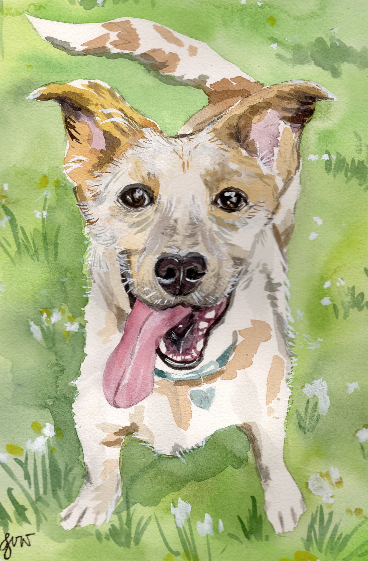 Watercolor portrait of a happy tan and white dog in a grassy meadow