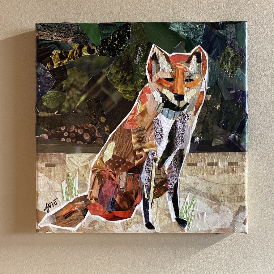 Collage of a red fox sitting at the edge of a dark forest, built from torn magazine paper